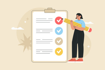 Woman holding a big pencil and making notes on a checklist fixed to clipboard. Successful completion of business tasks. Vector illustration isolated on background in flat cartoon style