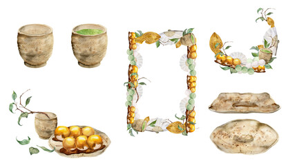 Watercolor hand drawn traditional Japanese sweets. Set of compositions with wagashi, taiyaki, tea, frames. Isolated on white background. Invitations restaurant menu greeting cards print textile