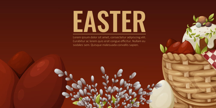 Easter banner with holiday attributes, wicker basket with red eggs and cake, willow twigs. Place for text. Horizontal poster, red background.