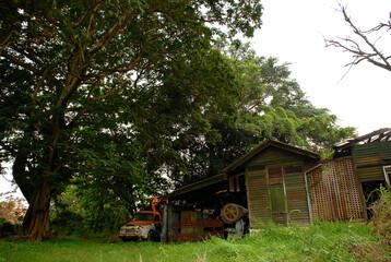 Abandon wooden store and broken old truck in rural areas