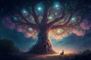 Foto op Plexiglas Meditation Under Huge Sacred Fantasy Tree with Galaxy Landscape: Generative AI © dimensdesign