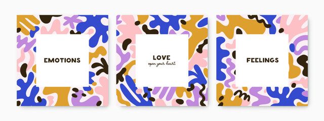 Square cards with abstract shapes frame. Postcards backgrounds set. Modern minimalist backdrops designs with creative trendy fluid elements, doodle organic pattern. Flat vector illustrations