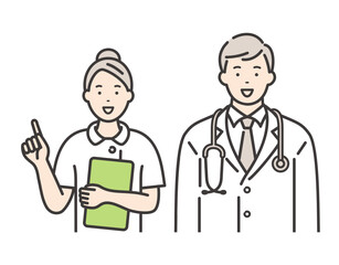 笑顔の若い男性医師と女性看護師　指差しポーズ