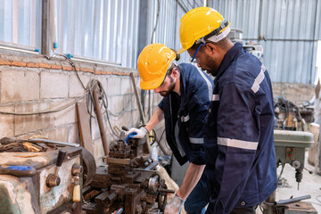 In robotic maintenance repair engineer lathe machine fabricate part and vernier caliper measuring