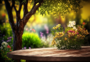 Wooden table place for an object in the garden with flowers. Generative AI,