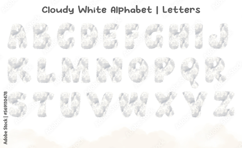 Poster cloudy white alphabet uppercase letters. this is a part of a set which also includes symbols, shapes