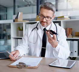 Mature doctor, phone call or hospital clipboard in telehealth consulting, prescription help or test...