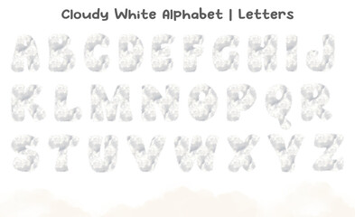 Cloudy white alphabet uppercase letters. This is a part of a set which also includes symbols, shapes, frames and numbers from 0 to 9. Fluffy decorative design elements.
