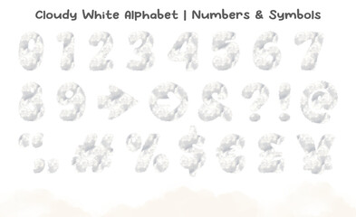 Cloudy white numbers from 0 to 9, punctuation marks and symbols . This is a part of a set which also includes uppercase letters from A to Z, shapes and frames. Fluffy decorative design elements.
