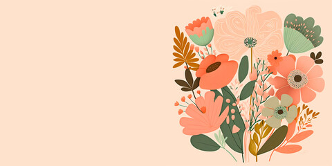Ilustración con motivos florales sobre fondo rosado estilo vintage, colores pastel, generative ai.