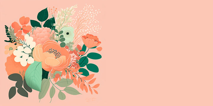 Ilustración Con Motivos Florales Sobre Fondo Rosado Estilo Vintage, Colores Pastel, Generative Ai.