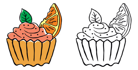 Słodka babeczka z różowym kremem i plasterkiem pomarańczy. Smaczne ciastko, pyszny deser, przekąska do kawy. Ciasteczko prosto z cukierni. Rysunek odręczny, ilustracja wektorowa
