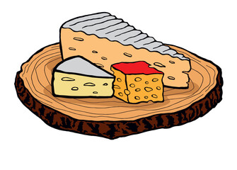 Deska pysznych serów. Francuskie sery pleśniowe brie i camembert, szwajcarski ser żółty na drewnianej desce. Słona przekąska złożona z różnych rodzajów sera. Kolorowy rysunek, ilustracja wektorowa - obrazy, fototapety, plakaty
