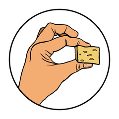 Dłoń trzymająca w palcach kawałek miękkiego francuskiego sera. Szczupła ręka z kawałkiem żółtego sera. Symbol dłoni w kole. Ilustracja wektorowa, kolorowy rysunek.