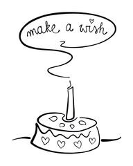 Tort urodzinowy ze zdmuchniętą świeczką, pomyśl życzenie. Czarno-biała ilustracja wektorowa, prosty rysunek odręczny. Torcik na urodziny, rocznica, zgaszona świeczka 