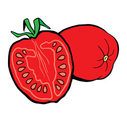 Dwa dojrzałe pomidory koktajlowe na białym tle. Przekrojony czerwony pomidor z zielonym ogonkiem. Pomidorki czereśniowe. Rysunek wektorowy, ilustracja