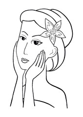 Młoda ładna kobieta, odręczny rysunek czarno-biały. Dziewczyna z kwiatem we włosach podczas pielęgnacji swojej twarzy. Portret kobiety z dłońmi na twarzy - obrazy, fototapety, plakaty