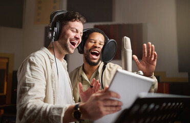 Music, singing and men recording in studio tablet, streaming with microphone, headphones and...