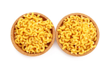 Plates of raw elbow pasta on white background