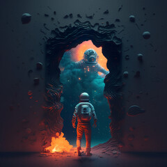 Obraz premium lost cosmonaut in the space in a 3d digital diorama style and a cosmic horror monster who is following him