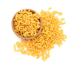 Plate of raw elbow pasta on white background