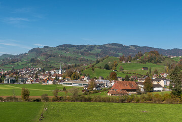 Fototapeta na wymiar View of the village Nesslau, Toggenburg region, Canton Sankt Gallen, Switzerland