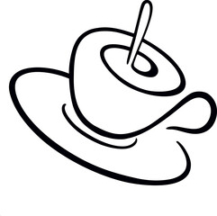 Filiżanka kawy ze spodkiem. Gorąca kawa z pianką mieszana łyżeczką. Prosty rysunek czarno-biały, logo, ilustracja wektorowa
