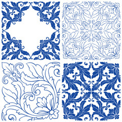Tile seamless vector pattern, Lisbon navy blue retro tiles design collection. Ornamental indigo background inspired by Spanish and Portuguese traditional geometric tiles with flower.