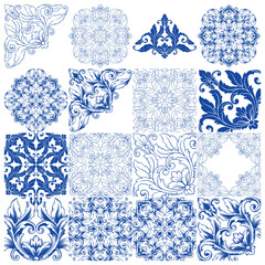 Tile seamless vector pattern, Lisbon navy blue retro tiles design collection. Ornamental indigo background inspired by Spanish and Portuguese traditional geometric tiles with flower.