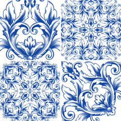 Tile seamless vector pattern, Lisbon navy blue retro tiles design collection. Ornamental indigo background inspired by Spanish and Portuguese traditional geometric tiles with flower.