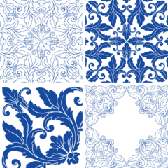 Gordijnen Tile seamless vector pattern, Lisbon navy blue retro tiles design collection. Ornamental indigo background inspired by Spanish and Portuguese traditional geometric tiles with flower. © samiradragonfly