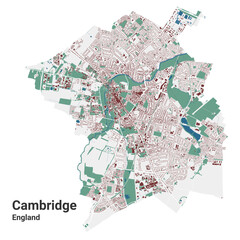 Cambridge city map, England, the United Kingdom. Detailed administrative map with roads and railways, parks, buildings and rivers.