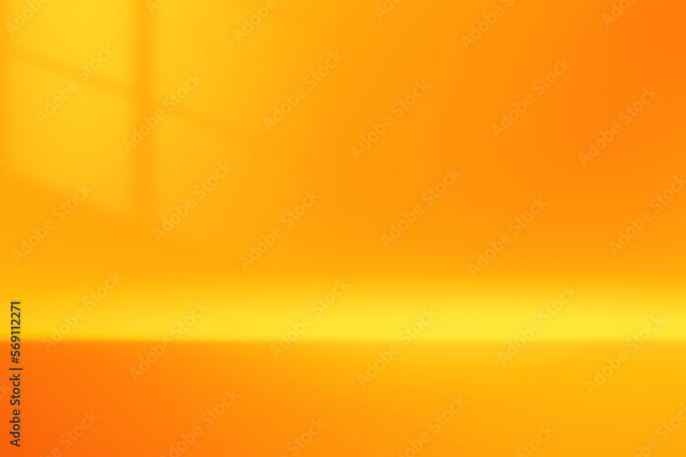 Poster Empty yellow product 3d background with abstract cosmetic presentation display scene bright concept or gradient window light modern blank wall studio show backdrop and orange advertising sale banner.