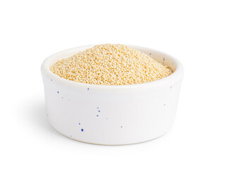 Ceramic bowl with amaranth seeds on white background