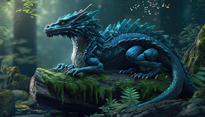 Blue ancient forest dragon sitting on top of a lush green forest. Postproducted generative AI. digital illustration