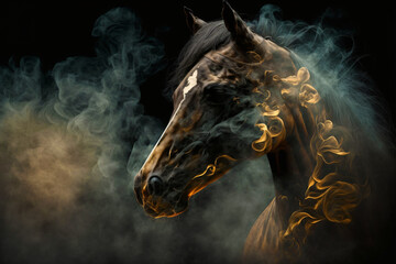 majestic black horse with a flowing mane in the smoke, generative ai