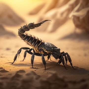 A close-up of a scorpion scurrying across the desert floor