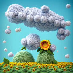 illustration of sunflowers, grass, clouds, on a fresh blue sky background. Generative AI.