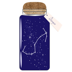 Glass jar with zodiac constellations. Scorpio on the night sky. Collect moments. Jar with tag for horoscope