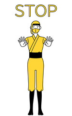 ストップの合図、体の前に手を突き出す忍者のコスプレをした女性