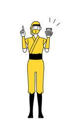 電卓を持って指さす忍者のコスプレをした女性