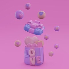 Happy Valentine's Day. Holiday wedding. happy birthday. Festive background with abstract figures in red and yellow colors, a Romantic banner and a web poster. Design icon heart symbol love. 3d render