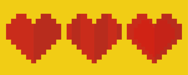 A set red pixel silhouette in the form of a hearton a yellow background.