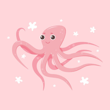 Cute cartoon pink octopus on pink background. Vector isolated illustration
