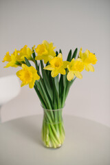 Spring mood photo of a bouquet of daffodils in a glass vase on a white table against a white wall, front view, copy space. Decorating home with spring flowers. Selective focus photo.