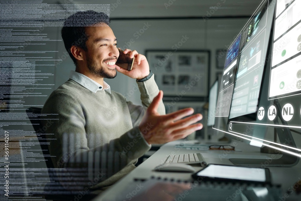 Aufkleber stock market dashboard, hologram or trader on a phone call talking about trading data or investment 