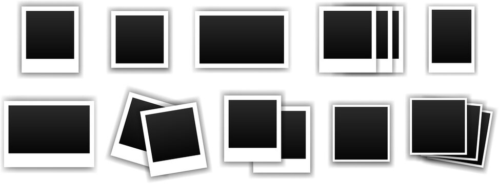 Realistic picture frame mockup rectangle, square collection. Blank frame border mockups. Isolated Black and white pictures frames mock-up on transparent background. PNG image	
