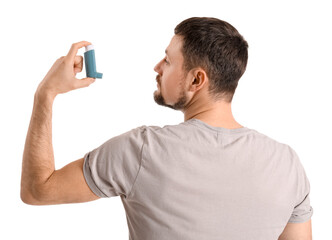 Man with inhaler on white background