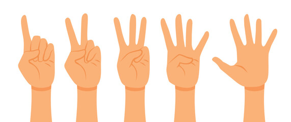 Counting Hands from One to Five Vector Set Illustration. Hand showing fingers in a preschool countdown 
