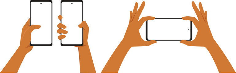 Set of Vector Hands Holding a Smartphone Showing Blank Display. Person holding a mobile phone in different ways 
